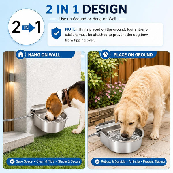 BWOGUE Automatic Water Dispenser for Dogs,1Gal Outdoor Automatic Water Bowl | Outdoor Dog Water Dispenser with Float Valve, Stainless Steel Bowl, 1/2 in & 3/4 in Faucet Fit, Wall/Ground Use,Dogs,Chickens3