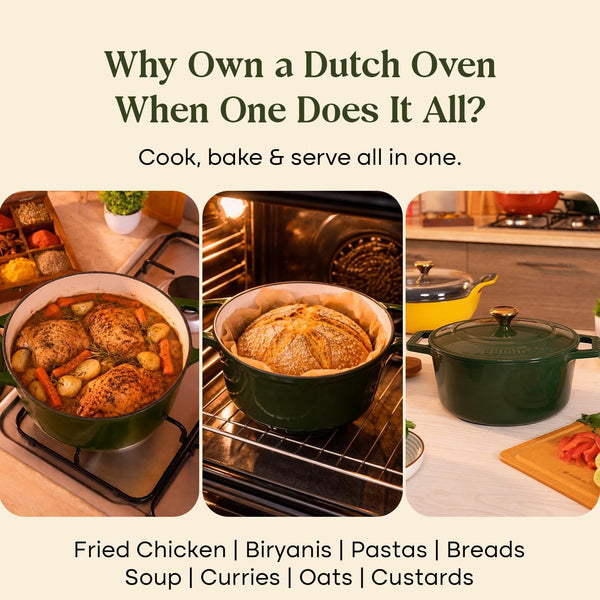 Enameled Cast Iron Dutch Oven/Biryani Pot with Lid, 5 QT Heavy Duty Casserole Pot – Non Toxic PFAS Free Cookware – Oven Safe Bread & Soup Pot – 4 Layer Enamel Caoted Cast Iron (Green, 10Inch)5