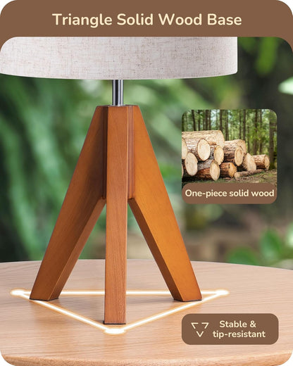 Tripod Table Lamp, Small Cute Bedside Lamp, 14.2 Inch, E26 Base | Light Brown Wooden Base, Linen Beige Lampshade, Nightstand Lamp for Nursery, Bedroom, Kid Room, Living Room2
