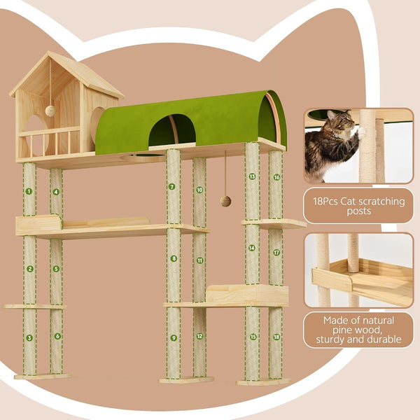 60'' Cat Tree for Automatic Litter Box, for Heavy Cats up to 22Lbs | Solid Wood Large Cat Tower with Tunnel & House, Space-Saving for Indoor Multi-Pet Households, Stops Furniture Scratching6
