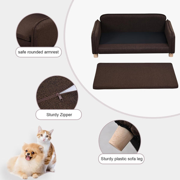 Big Sized Dog Bed -Wooden Frame Pet Sofa Couch, Washable Cushion Cat Couch, Linen Fabric Dog Sofa and Chair for Medium Pet Rest. (Brown)9