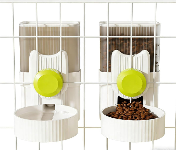 Pet Dog Cat Hanging Automatic Feeder and Water Dispenser Set, 2-In-1 Gravity Pet Food & Water Bowl for Cage, No-Spill Small Dog Rabbit Food Dispenser (Green)1