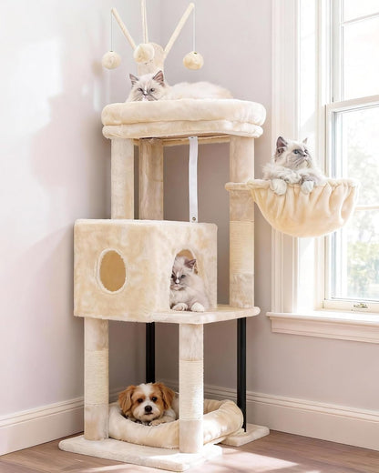 Heybly Cat Tree, 45.3-Inch Cat Tower for Indoor Cats with Large Perch, All-In-One Cat Furniture with Cozy Bed, Hidden Space Cat Condo, Comfy Hammock, Scratching Posts & 3 Pompoms, Light Gray HCT202SW12
