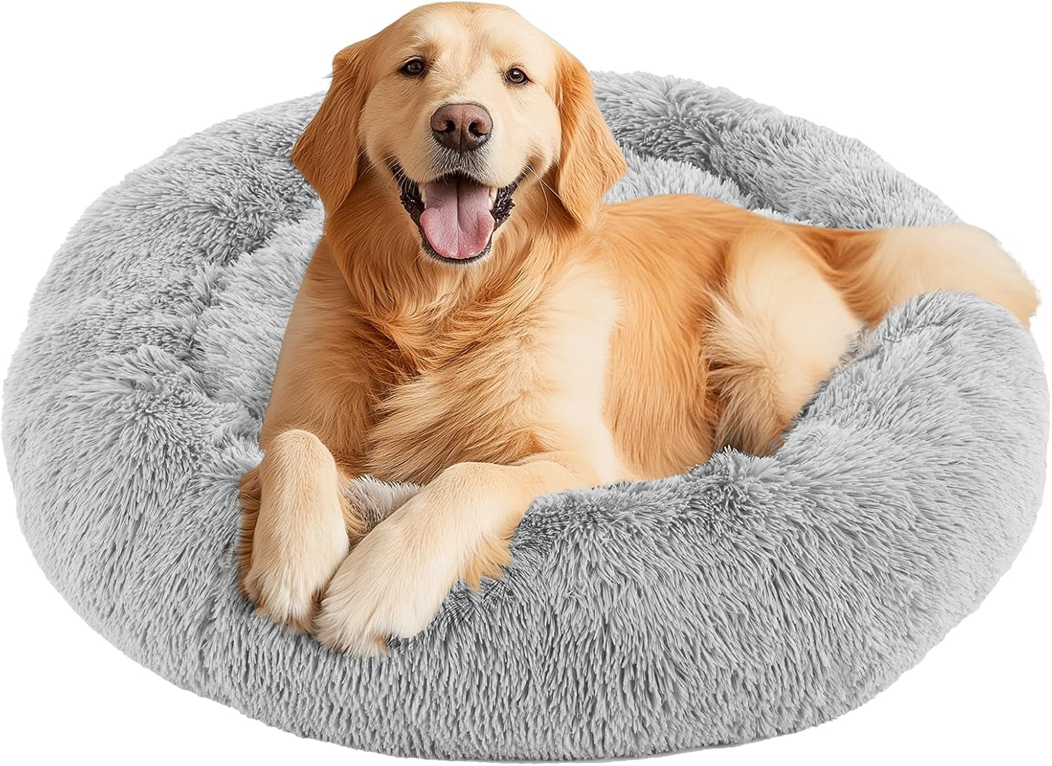 dumos-30-7-inch-donut-dog-bed-faux-fur-plush-grey-machine-washable-cuddler-warming-cozy-fluffy-faux-fur-plush-round-pet-bed-anti-slip-bed-for-indoor-dogs-and-cats