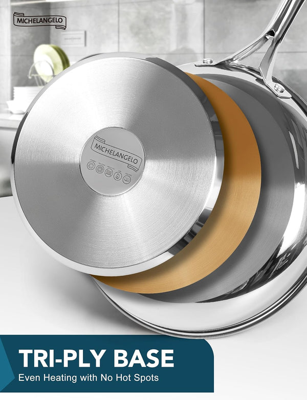 18/10 Stainless Steel Frying Pan Set, 8" / 9.5" / 11" Cooking Pans, Triply Base Stainless Steel Pan Set with Ergonomic Handle, Induction Compatible | 18/10 Stainless Steel Frying Pan Set with 3 Sizes and Triply Base for Even Heating, Versatile Everyday Cooking3