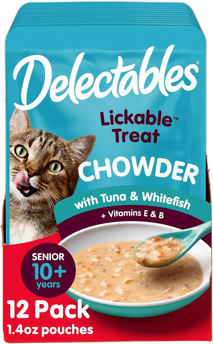 Delectables Lickable Treat Chowder Wet Cat Treat with Real Tuna & Chicken, Food Topper, Hydrating, Grain-Free, No Fillers, By-Products, Added Preservatives, 1.4Oz Pouch, 12Ct12