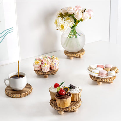 round Wood Risers for Display：2P Beaded Riser Distressed Decor | Stable Wood Coaster-Rustic Farmhouse Pedestal Display Riser for Cake/Plant Stand/ Tiered-Ball Decoration-Raised High Holder7