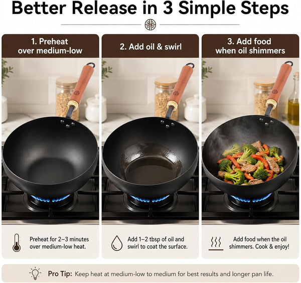 9.5-Inch Carbon Steel Wok with Lid, Flat Bottom Stir Fry Pan | Deep 3.5 QT Bowl for 1–2 Servings; Smooth Carbon Steel Surface; Flat Base for Induction, Gas, Electric and Ceramic Cooktops8