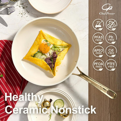 Ceramic Frying Pan with Stainless Steel Handle 5Pcs Set, Non Stick Grill Pan Set, Dishwasher and Oven Safe, Cream White and Light Gold Handle3
