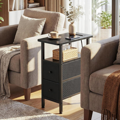Narrow End Table with Charging Station, Small Nightstand | Skinny Side Tables Living Room with 2 Fabric Drawers, Slim Bedside Table for Bedroom, Small Spaces, Couch, Black2