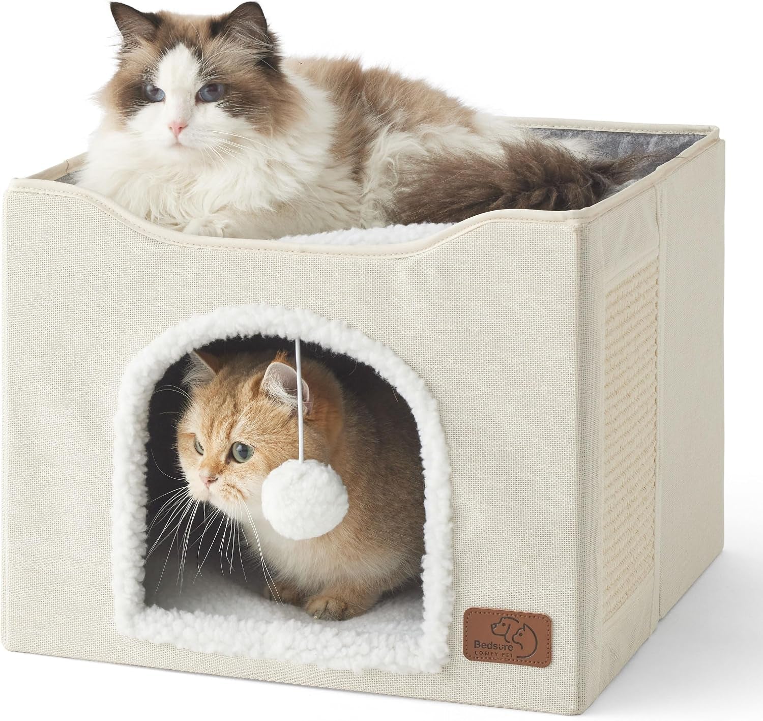 bedsure-cat-house-bed-for-indoor-cats-with-fluffy-ball-and-scratch-pad-grey-16-5x16-5x13-in-large-cat-cave-for-multiple-pets-foldable-cat-hideway-cube-for-sleeping-kitten