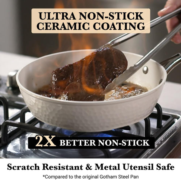 Hammered 15Pcs Ceramic Cookware Set Nonstick, Induction Pots and Pans Set Non Stick with Bakeware Set & Steamer for Cooking, Non Toxic PFOA PFOS Free, Oven & Dishwasher Safe, Cream White4
