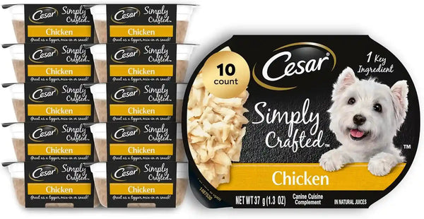 Cesar Simply Crafted Wet Dog Food Toppers, Chicken, 1.3 Oz, 10 Count | Real Chicken #1 Ingredient, No By-Products or Artificial Flavors, Slow-Cooked, Easy to Digest, Single-Serve Tubs1