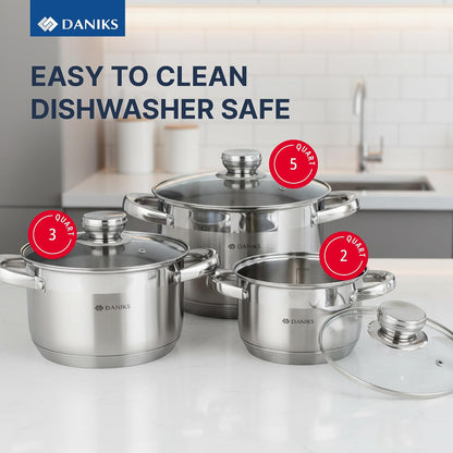 Standard 6-Piece Stainless Steel Cookware Set with Glass Lid, Tri-Ply Bases for Even Heating, Induction Compatible, Dishwasher Safe, Built-In Measuring Scale, Silver2