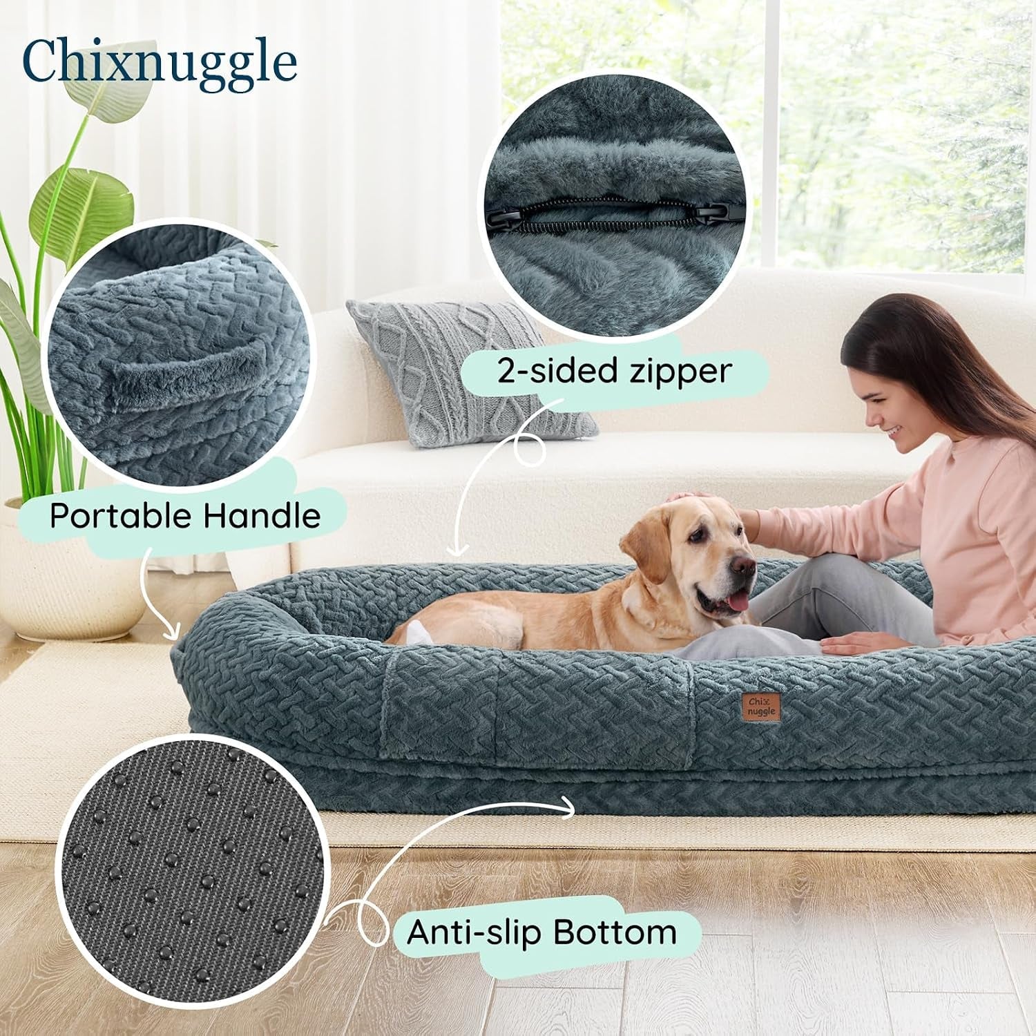 chixnuggle-orthopedic-human-dog-bed-with-faux-fur-washable-cover-blanket-bluish-grey-72-40-10-giant-dog-bed-for-adult-or-extra-large-dogs-egg-crate-foam-non-slip-bottom
