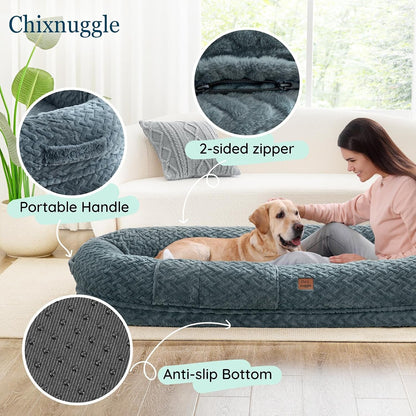 Chixnuggle Orthopedic Human Dog Bed,With Faux Fur Washable Cover,Blanket | Bluish Grey,72*40*10,Giant Dog Bed for Adult or Extra Large Dogs,Egg Crate Foam,Non-Slip Bottom6