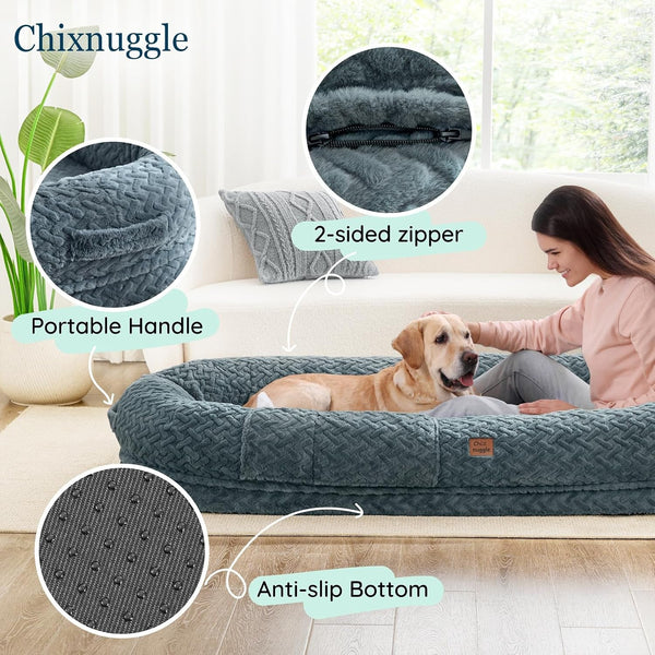 Chixnuggle Orthopedic Human Dog Bed,With Faux Fur Washable Cover,Blanket | Bluish Grey,72*40*10,Giant Dog Bed for Adult or Extra Large Dogs,Egg Crate Foam,Non-Slip Bottom6