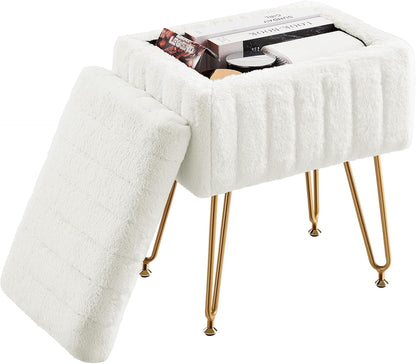 Vanity Stool Chair Ottoman with Storage, Makeup Cute Soft Small Footstool Modern Style Faux Fur Seat with 4 Metal Legs & Adjustable Feet for Dressing Living Room Bedroom Dorm1
