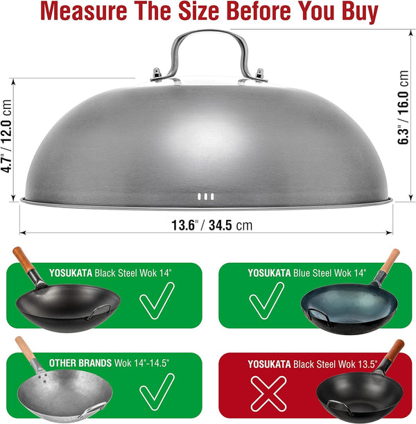 Carbon Steel Wok Pan - 14 “ Woks and Stir Fry Pans with Lid 13.6 Inch - Premium Stainless Cover with Tempered Glass Insert Steam Holes +17’’ Spatula and Ladle4