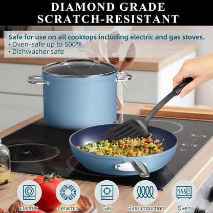 9Pc Cookware Set Healthy Duralon Blue Ceramic Nonstick Coated | Diamond Infused Scratch-Resistant, PFAS Free, Oven Safe, Induction Ready, Evenly Heats, Tempered Glass Lids, Stay-Cool Handle5