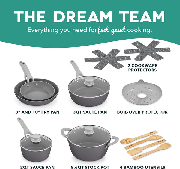 Dream Green Recycled Aluminum Cookware Set - Ceramic-Coated Nonstick and Induction Compatible - Lightweight Kitchen Essentials with Silicone Handles - Slate Gray, 15-Piece Set2