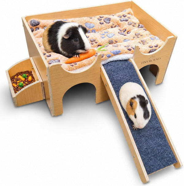 Guinea Pig Wooden Hideout with Built-In Feeder, Screw-Assembled Natural Wood Castle with Absorbent Fleece Mat, Ramp & Accessories, Cozy Safe Hideaway for Small Pets to Rest, Play & Explore1