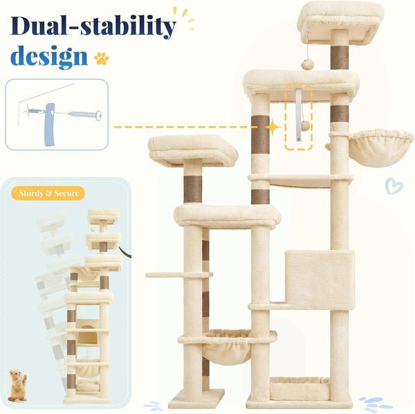 Hey-Brother Cat Tree Tower, Wide Base, 5 Platforms for Multi-Cats, MPJ074MJ | 72.8 Inches Tall Furniture, 5 Plush Beds, Large Condo, Big Hammocks, Sisal Scratching Posts, for Indoor Adult Cat Beige Brown8
