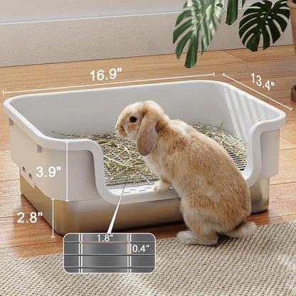 Stainless Steel Sifting Litter Box for Rabbit, Bunny, 16.9×13.4 In(L×W) | Raised Border, Split Double-Layer, Metal Grate, Easy Clean, Extra-Large Space for Guinea Pig, Ferret3