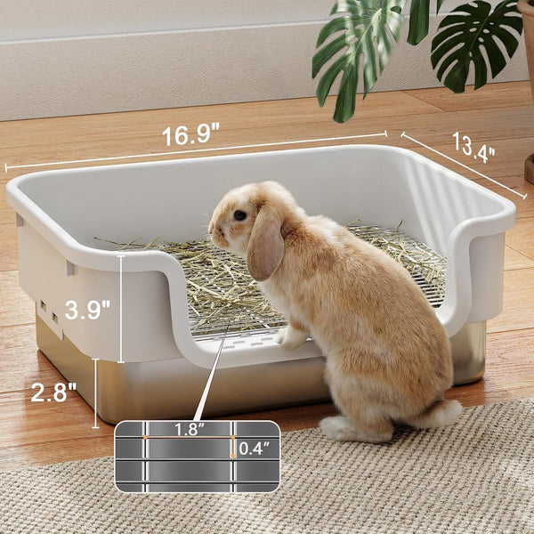 Stainless Steel Sifting Litter Box for Rabbit, Bunny, 16.9×13.4 In(L×W) | Raised Border, Split Double-Layer, Metal Grate, Easy Clean, Extra-Large Space for Guinea Pig, Ferret3