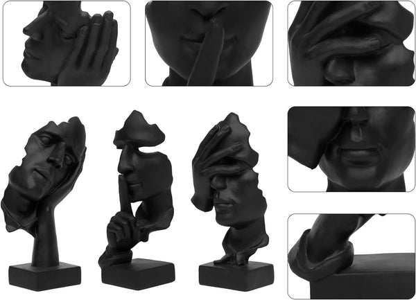 Prosfalt 3 Pcs Thinker Statue, Silence Is Gold Abstract Art Figurine, No Hear No See No Speak Modern Home Resin Sculptures Decorative Objects Decor for Home Office Bookshelf Desktop(Black) (A-41)6