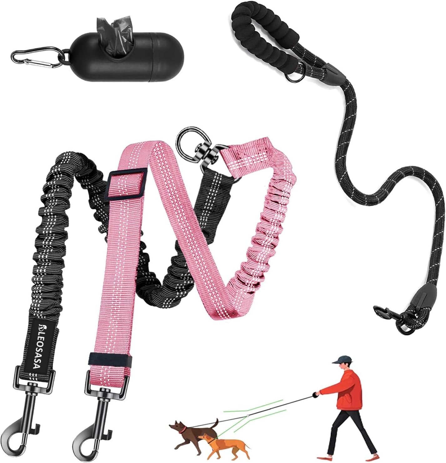 double-dog-leash-360-swivel-tangle-free-splitter-attachment-2-dogs-multi-functional-leashes-dual-rope-for-outdoor-walk-train-small-medium-large-two-pet-pink