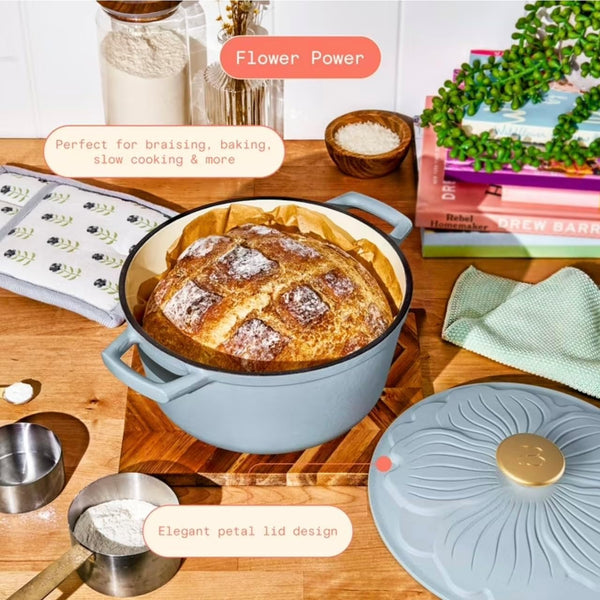 4 Quart Enameled Cast Iron round Dutch Oven with Flower Petal Design Lid, Cornflower Blue, by Drew Barrymore6