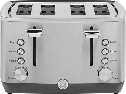 GE Stainless Steel 4 Slice Toaster | Extra Wide Slots for Bagels, Breads, Waffles & More | 7 Shade Options | Countertop Kitchen Essentials | 1500 Watt1