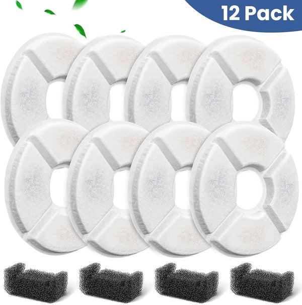 12 Pack Cat Water Fountain Filter, 8 Pcs Cat Fountain Filters Replacement Dia Is 5" & 4 Pcs Pre-Filter Sponges for 81Oz / 2.4L round Automatic Pet Water Fountain Dog Dispenser, 3-Filtration System5