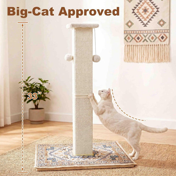Tall Cat Scratching Post for Indoor Cats Adults, 33'' Large Cat Scratch Post with Perch, Cute Cat Scratching Post with Boho Carpet ＆ Dangling Ball Toys, White2