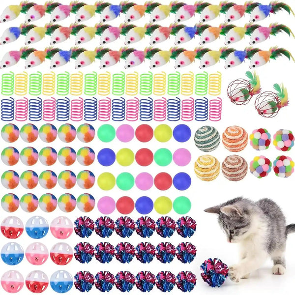 Shappy 150 Pcs Cat Toys for Indoor Cats Bulk, Kitten Toys Pack, Variety Interactive Gift Including Mice Rainbow Balls Spring Crinkle Balls Gift for Kitty Kitten Cat(Classic)1