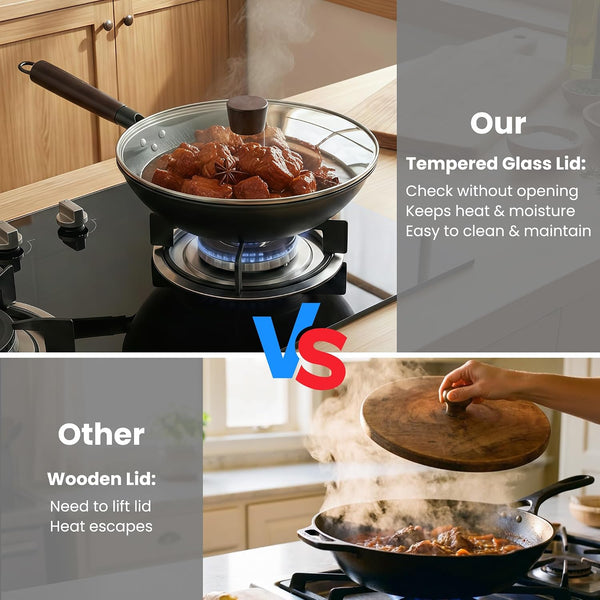 13 Inch Carbon Steel Wok with Lid, Large Flat Bottom Woks & Stir-Fry Pan | Large Chinese Wok Pan, 6.45QT, Nitrided Carbon Steel, No Chemical Coating, for All Stoves8