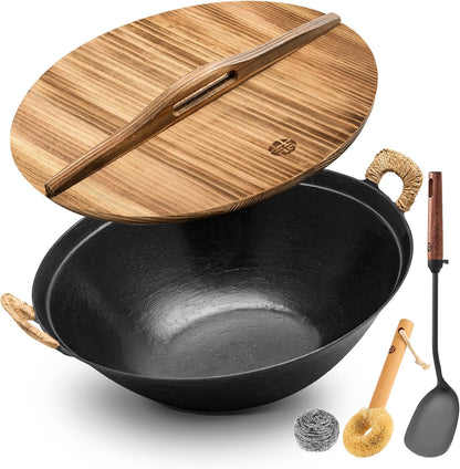 13.4 Inch Cast Iron Wok with Wooden Lid and Iron Spatula, Flat Bottom Double-Handle Chinese Stir Fry Pan, Uncoated Cast Iron Wok for Induction, Gas and Electric Stoves1