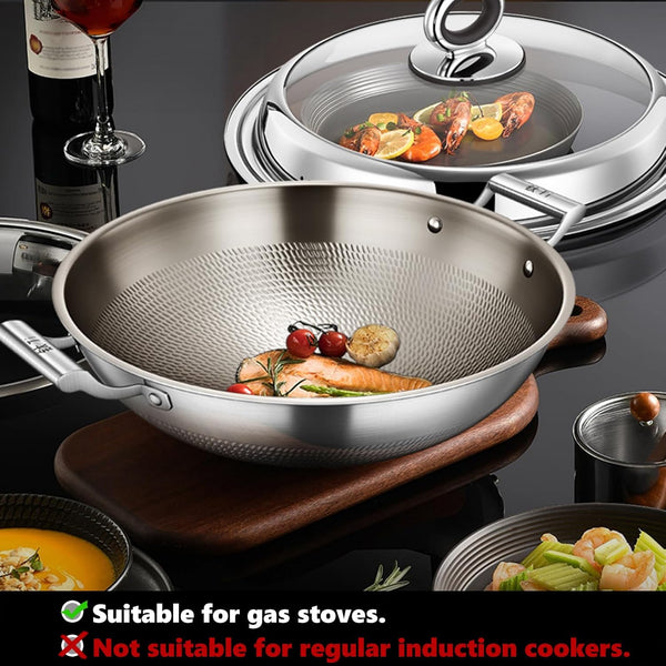 Titanium Wok, Titanium Pans for Cooking, Hammered Pan Pro Cookware | round Bottom Double Handles, PFAS/PFOA/PTFE Free, Non Stick Ultra-Durable Scratch-Resistant Even Heating, with Lid 17.72In7