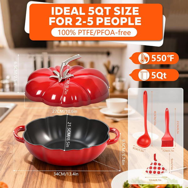 French Tomato Cocotte, Enameled Cast Iron Dutch Oven 5Qt with Lid | French-Style Enameled Cast Iron Cookware with Thick Walls, Superior Heat Retention and a Durable Matte Enamel Interior.6