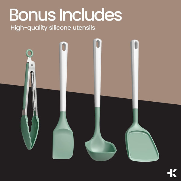 Bakken 12-Piece Ceramic Cookware Set, Nonstick Pots and Pans Set, Non-Toxic PTFE & Pfas-Free Cookware with Silicone Utensils, Induction & All Stovetops Compatible, Dishwasher Safe, Green8