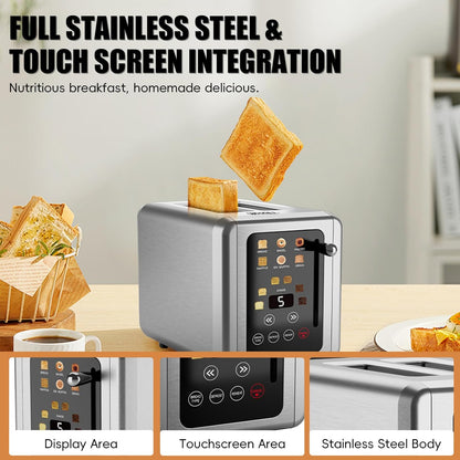 ® Touch Screen Toaster 2 Slice, Stainless Steel Digital Timer Toaster, 6 Bread Types & 6 Shade Settings, Smart Extra Wide Slots Toasters with Bagel, Cancel, Defrost Functions7
