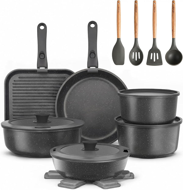 21Pcs Nonstick Pots and Pans Set with Removable Handles, Oven Safe | Non-Toxic Granite Cookware Set for Rvs, Camping, Induction Compatible, Stackable Pfoa/Pfos-Free1