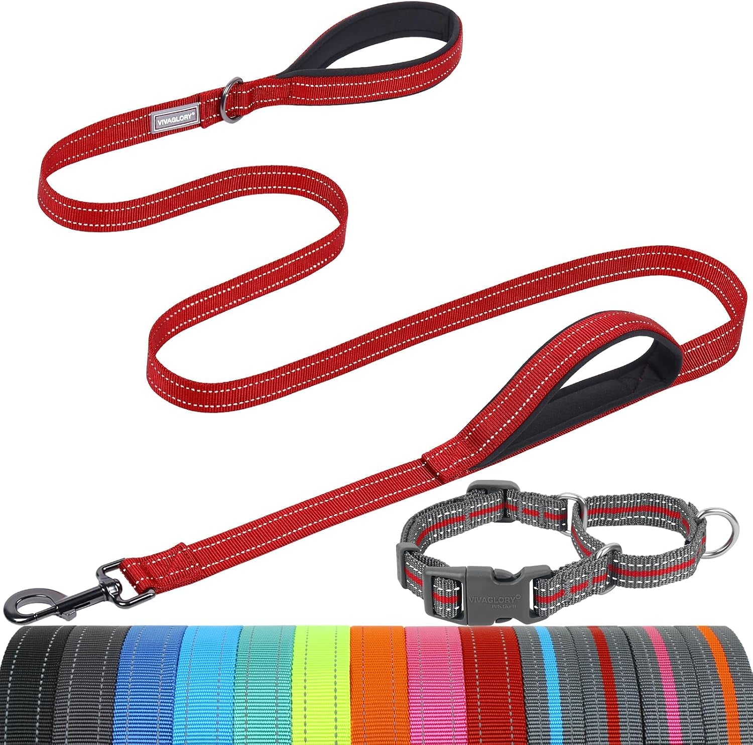 vivaglory-double-handle-dog-leash-twingrip-6ft-x-1in-navy-dog-leash-for-collar-with-traffic-handle-2-loop-for-walking-training-traffic-control-reflective-heavy-duty-puppy-pet