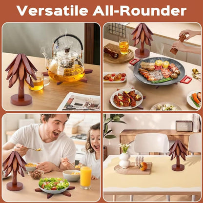 Wooden Tree Trivets,Trivets for Hot Dishes, Tree Coasters | Set of 5 with Stand, Foldable Kitchen Trivets 1 Stand like a Christmas Tree Trivets for Pots, Pans, Bowls & Teapots6