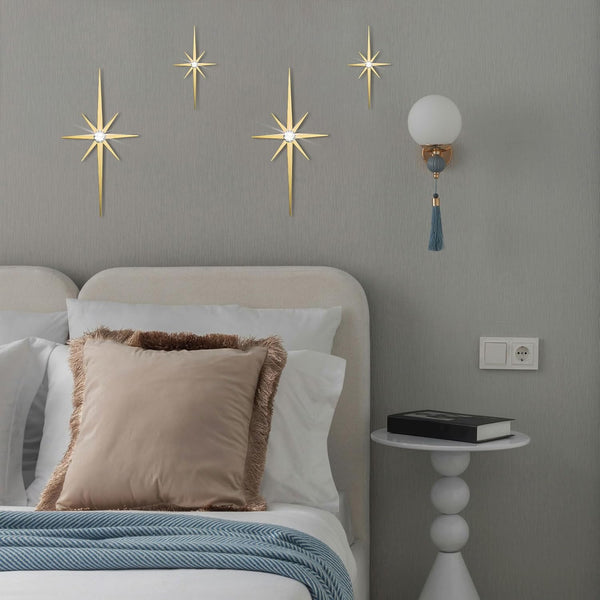 4 Pcs Star Wall Art for Home Decor Living Room Bedroom Office Metal 3D,Bling,With Hanging Hook Starburst Midcentury Sculpture Retro Gallery Accent Celestial -Gold 16.5In/9.4In3
