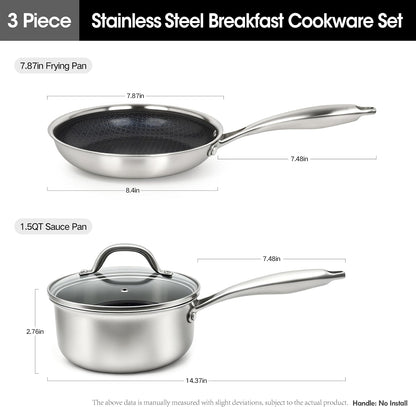 3Pcs,Stainless Steel Pots and Pans Set Non Stick Ceramic Cookware Set,1.5Qt+7.87In Non-Toxic Kitchen Cooking Set, Compatible Gas,Induction Dishwasher Safe (PFOS, PFOA Free) 3PCS Set2