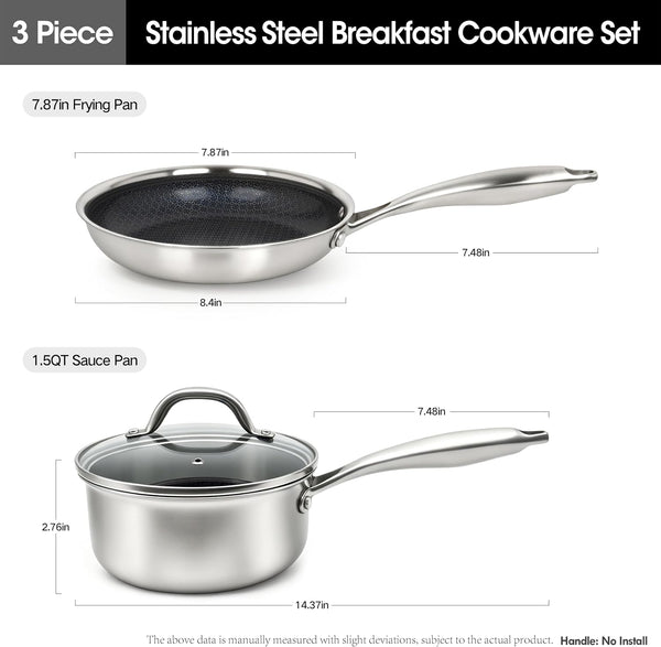 3Pcs,Stainless Steel Pots and Pans Set Non Stick Ceramic Cookware Set,1.5Qt+7.87In Non-Toxic Kitchen Cooking Set, Compatible Gas,Induction Dishwasher Safe (PFOS, PFOA Free) 3PCS Set2