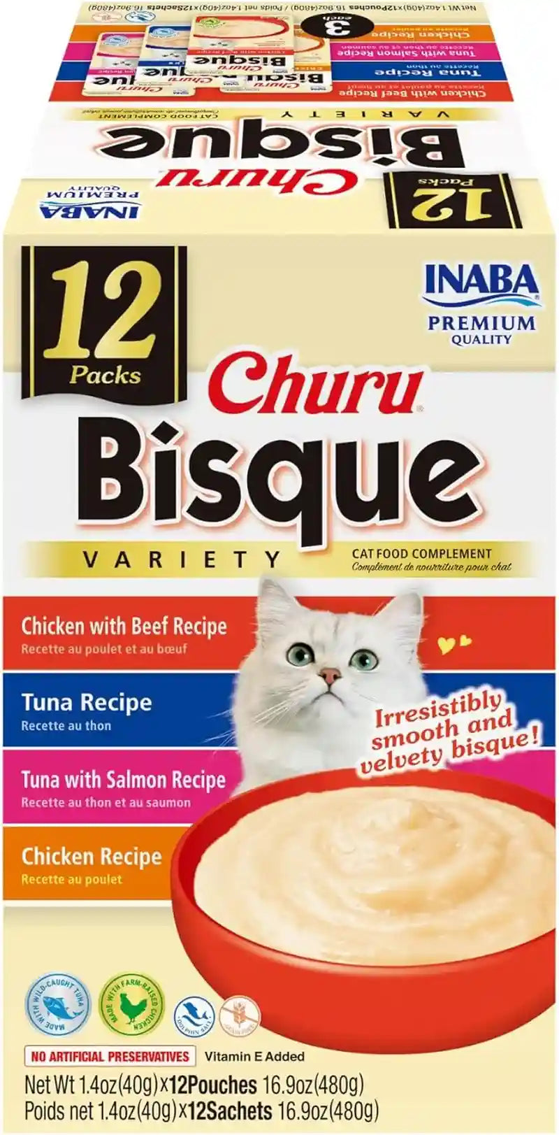 inaba-churu-bisque-for-cats-creamy-lickable-puree-side-dish-with-vitamin-e-1-4-ounces-per-pouch-12-pouches-tuna-chicken-variety