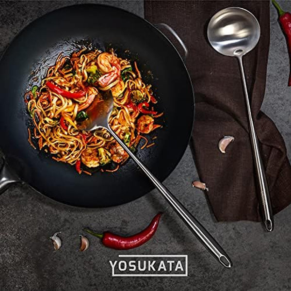 Flat Bottom Wok Pan - 13.5" Blue Carbon Steel Wok + 17’’ Spatula and Ladle - Set of 2 Heat-Resistant Tools + Wok Lid 12.8 Inch9